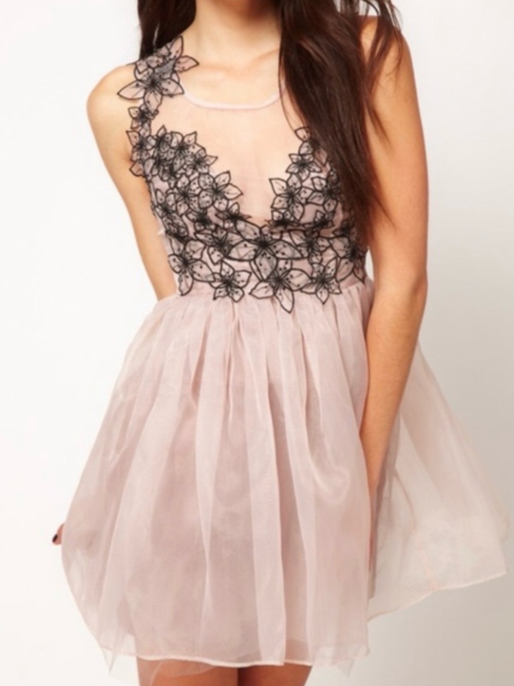 Lipsy Blush Pink Tulle Dress with Black Floral Appliqué